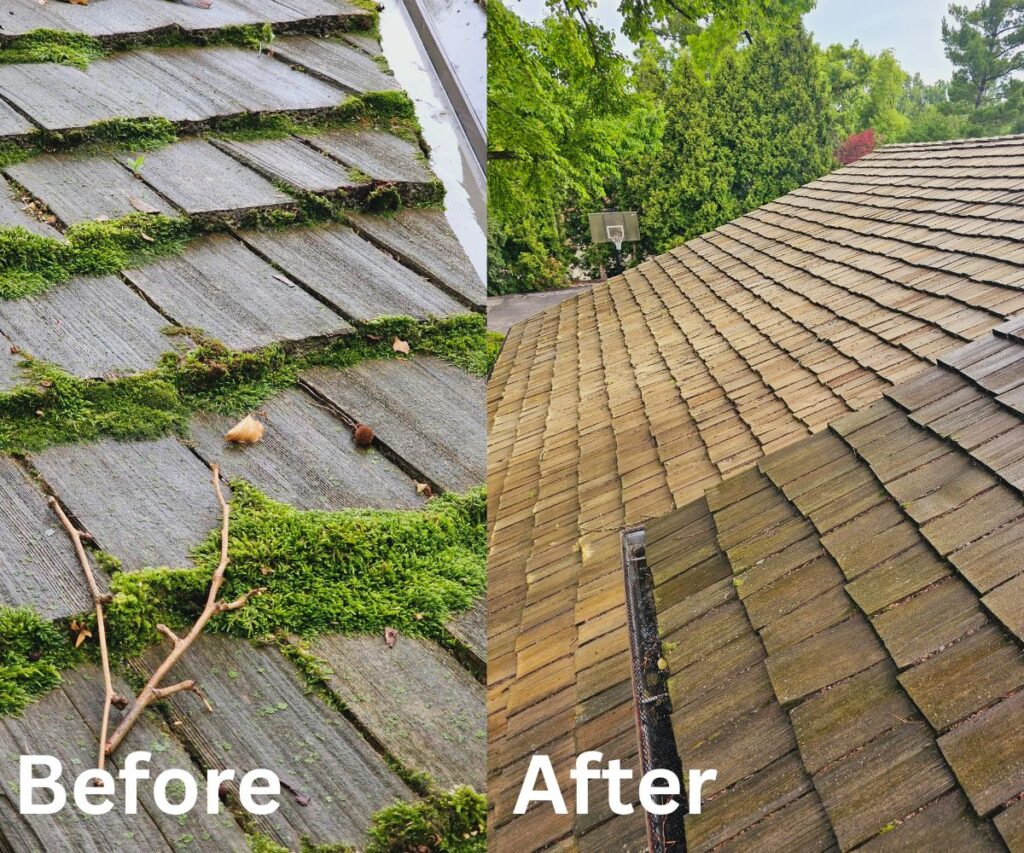 Before and after images of a house with cedar shake roof cleaned by M&D Power Washing in Fort Wayne, Indiana