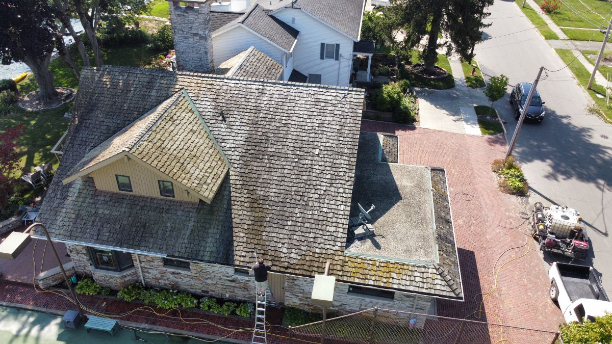 Home with a cedar shake roofing structure in Fort Wayne