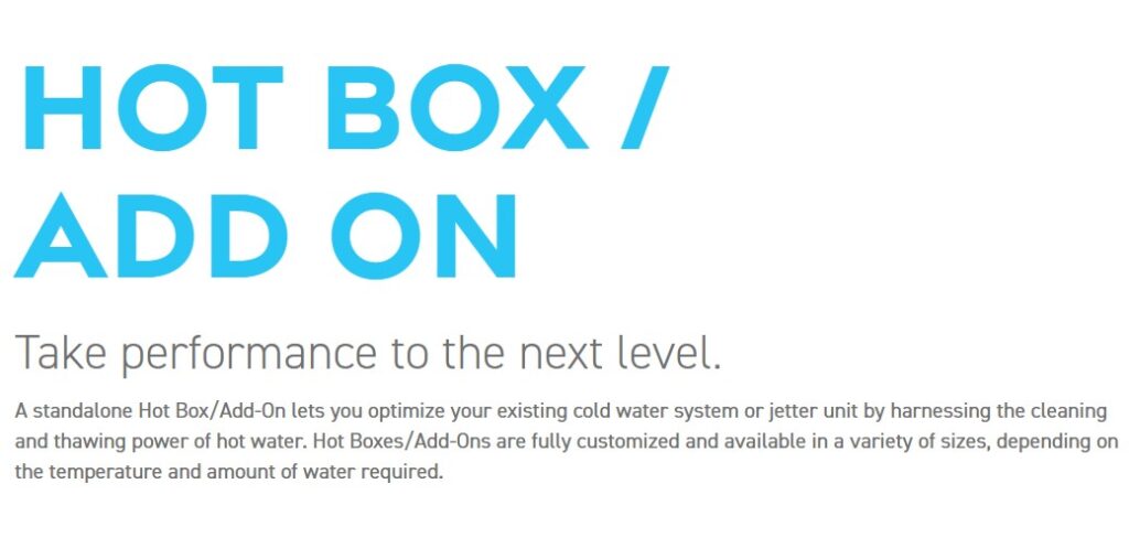 Hot Box add-on promotional text explaining its functionality for converting cold water pressure washers into hot water systems